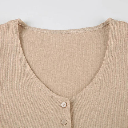 Summer Novelty Elegant Knitted Strapless Mini Dress For Women Short Sleeve V-Neck And Buttons Dresses Women's Street Clothing Ne
