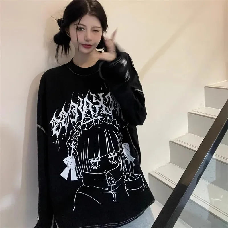 Harajuku Kawaii T-Shirt Women Sweet Japanese Gothic Subculture Loose Letter School Student Tees Long Sleeve Top Spring Outwear