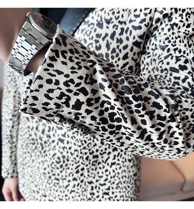 Splicing Leather Neck Casual Suit Jacket Fashion Leopard Men's Business Slim Fit Social Formal Blazers Wedding Groom Tuxedos