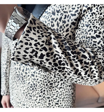 Splicing Leather Neck Casual Suit Jacket Fashion Leopard Men's Business Slim Fit Social Formal Blazers Wedding Groom Tuxedos