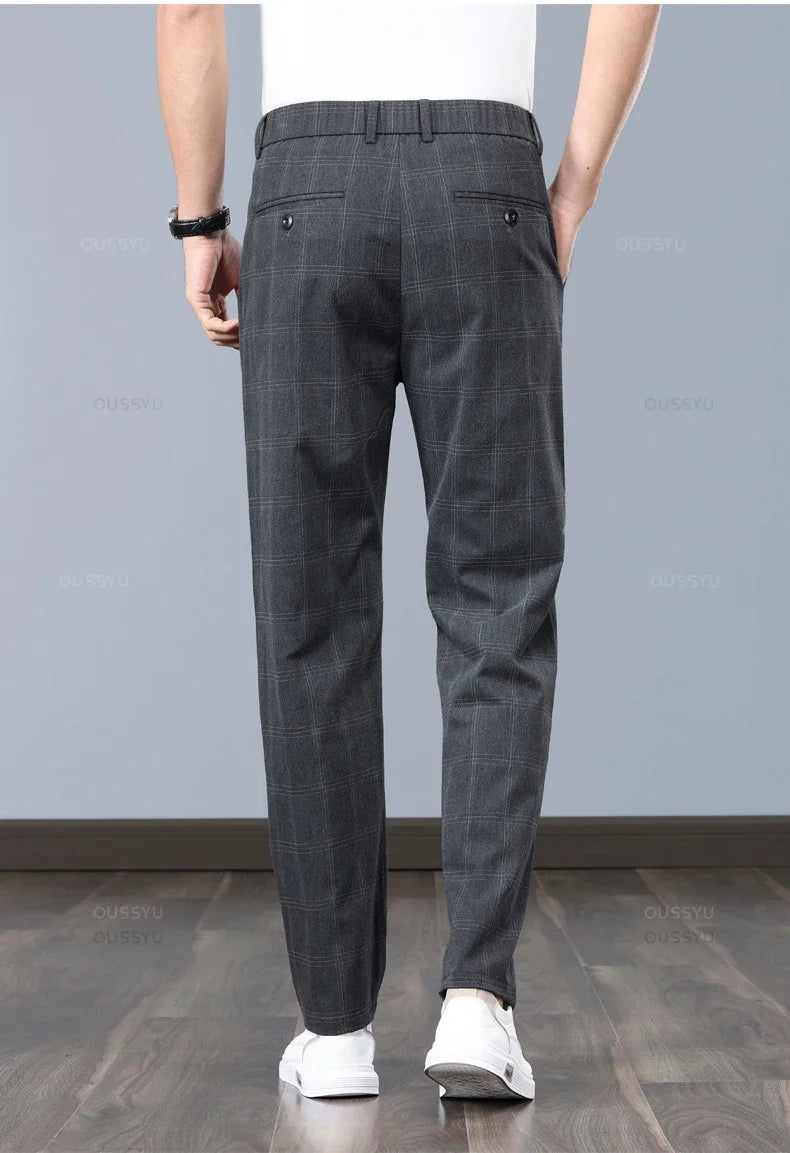 Summer High-Quality Classics Plaid Work Stretch Thin Pants Men Business Fashion Grey Black Party Casual Formal Trousers Male 38