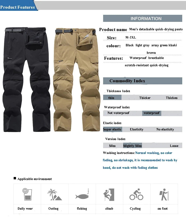 Fanuocetar Mens Removable Hiking Pants for Summer Quick Dry Camping Trekking Climbing Outdoor Scratch-resistant Stretch Pants