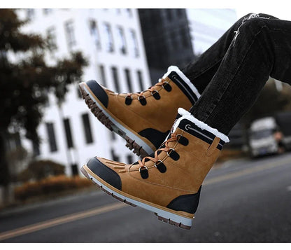 Fashion Men's Winter Boots Warm Fur High-top Snow Boots Men Waterproof Leather Platform Boots Outdoor Non-slip Men Winter Shoes