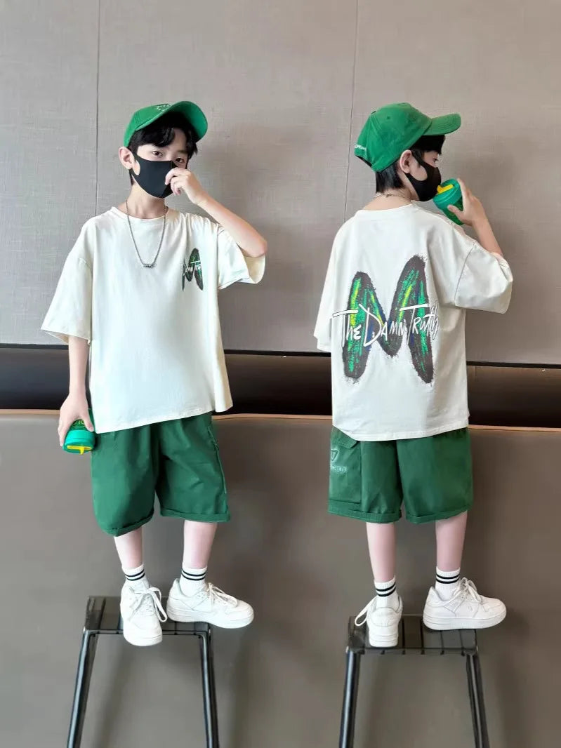 Summer Boys Cotton Leisure Loose Contrast Alphabet T-Shirt Top+Shorts Pant Set School Kids 2PCS Tracksuit Children Outfit 5-16Yr