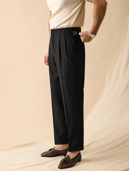 Fall/Winter 2025 Men's Elegant Italian Neapolitan High Waist Wide Leg Pants with Tucks And Buttons Business Casual Style