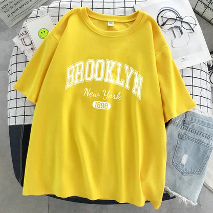 Brooklyn New York 1898 City Letter Print Female T-Shirt Street Breathable Tops Oversized Clothes Comfortable O-Neck Short Sleeve