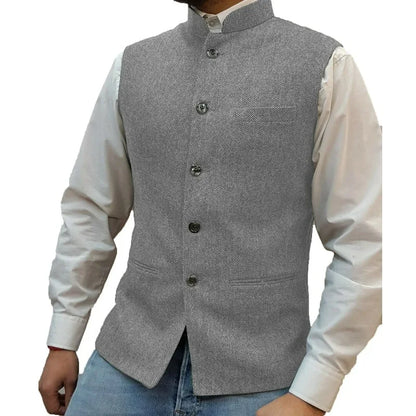 Suit Vest Men Vintage Slim Solid Stand Collar Vest Tops Male Business Casual Sleeveless Jackets Man Wedding Waistcoat