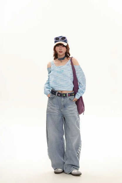 Blue Loose Wide Leg Jeans Women's Fashion High Waist Straight Cut Casual Trousers Autumn New Style Slimming Effect Cotton Pol...