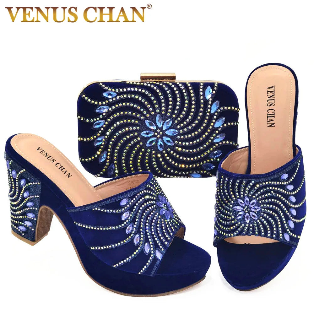 2023 The Latest Italian Design Rotary Rhine-Diamond Floral Thick Heel Platform Women's Comfortable Shoes Bag and Shoe Set
