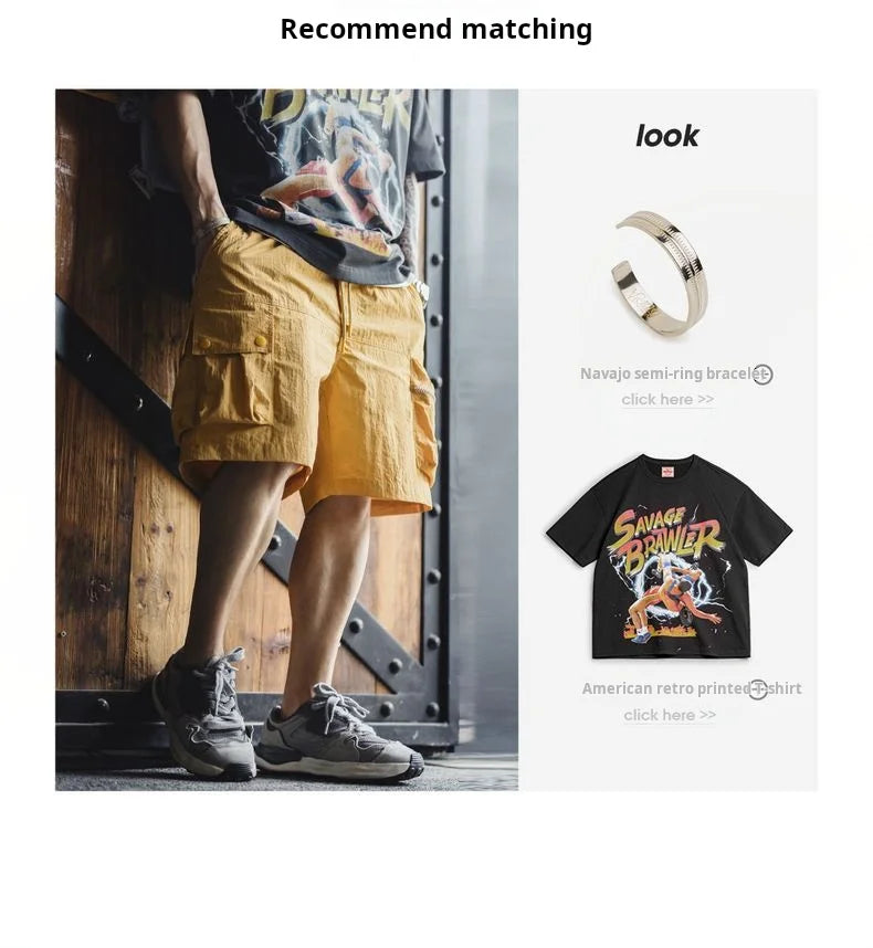 Outdoor Yellow Cargo Shorts Men's Summer Quick-Dry Lightweight Sports Shorts with Drawstring Waist Multi-Pocket Bottoms