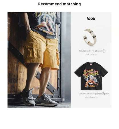 Outdoor Yellow Cargo Shorts Men's Summer Quick-Dry Lightweight Sports Shorts with Drawstring Waist Multi-Pocket Bottoms