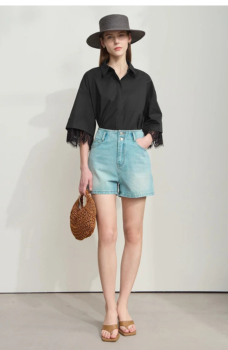 Minimalist Cotton  Shirts for Women 2025 Summer New Solid Lapel Shoulder Half-sleeve Lace Splicing Loose Tops 12542096
