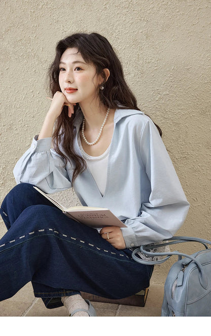 French Spring Shirts Women 2025 Long Sleeve Turn-down Collar Fake Two-piece Blouses Female Splicing Lace Tops MXE16C0783
