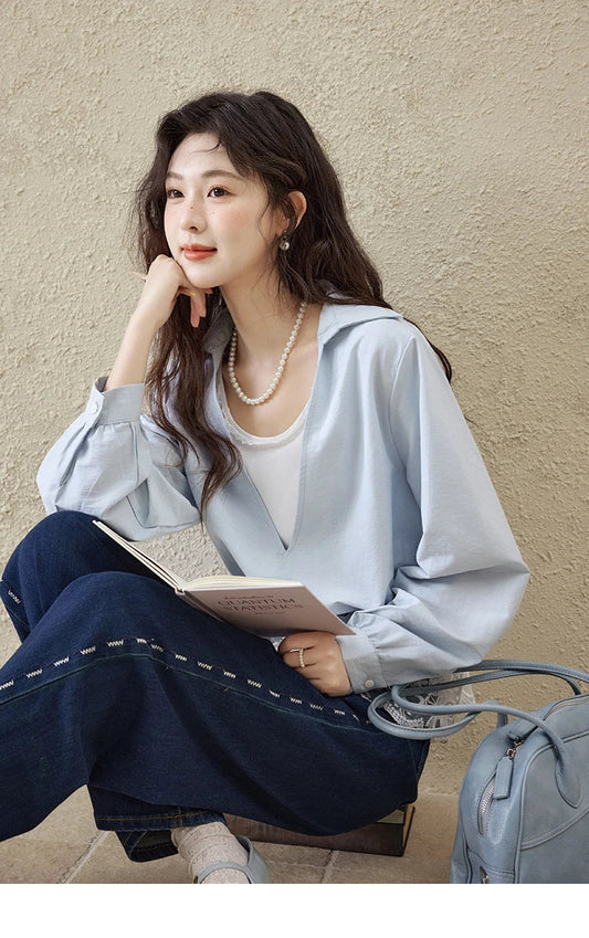 French Spring Shirts Women 2025 Long Sleeve Turn-down Collar Fake Two-piece Blouses Female Splicing Lace Tops MXE16C0783