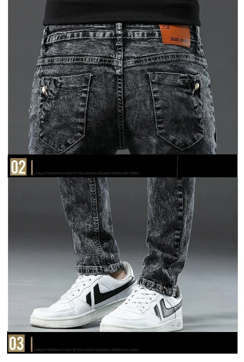 Men's Vintage Jeans Designer Korean Fashion Snowflake Wash Stretch Straight Pencil Pants Classic Slim Male Denim Trousers