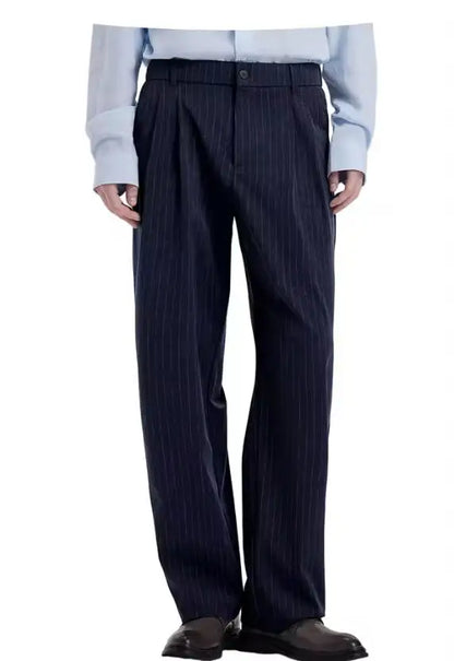 Stripe Men's Pants Slant Pockets Pleated Wide Leg High Waist Loose Fit Button Fly Business Casual Daily Office All-Match Trouser