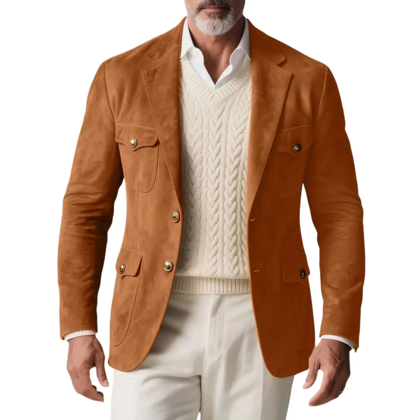 1970s Men's Suede Blazer Retro Slim Fit Two Buttons Multi Pocket High Quality Jacket Fashion Casual Sport Coat For Daily Wear
