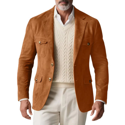 1970s Men's Suede Blazer Retro Slim Fit Two Buttons Multi Pocket High Quality Jacket Fashion Casual Sport Coat For Daily Wear