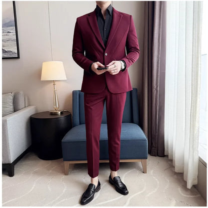 (Jacket+Pant) New Men Pure Color Business Social Wedding Party Suit Fashion Male Banquet Party Slim Fit Dress Blazer and Trouser