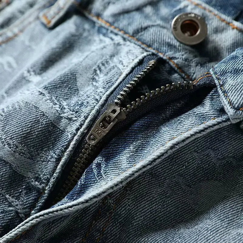 Men's Denim Shorts Overalls Chinese Loong Printed Simple Pants Blue Shorts Spring and Summer
