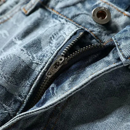 Men's Denim Shorts Overalls Chinese Loong Printed Simple Pants Blue Shorts Spring and Summer