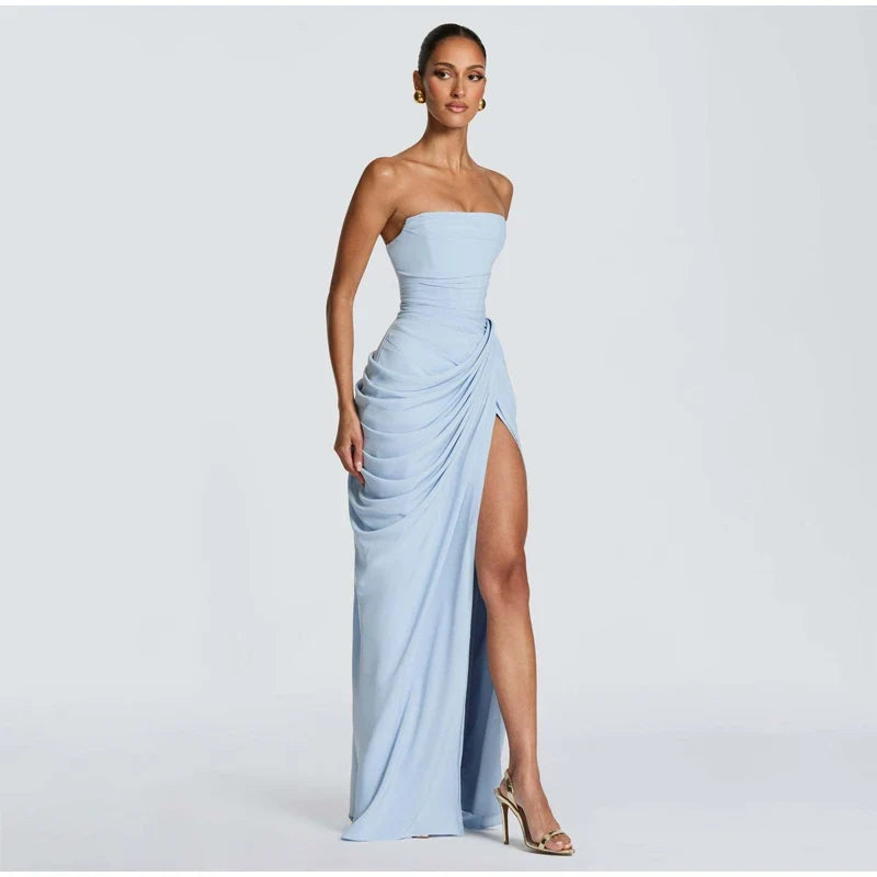 Lady Sexy Strapless Split Solid Pleated Dress Women Chic Backless High Waist Off-shoulder Dresses 2026 New Evening Party Gowns
