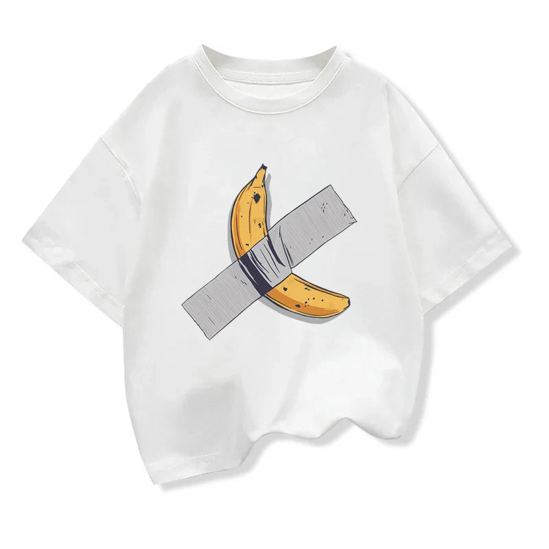 Children Clothes Bananas on the wall Graphic Kids Fashion Short Sleeve T-shirt Popular Design Kids Crewneck Loose Cotton Tees