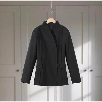Elegant Women's Black Blazer Coat Long Sleeve Stand Collar Buckle Thick Jacket Female 2026 Spring Autumn Lady Commute Outwear