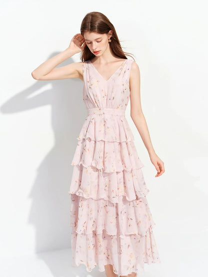 2026 Summer French-Inspired Floral Ruffle Hem Sleeveless V-Neck Tiered Maxi Dress - Romantic for Vacation and Daily Wear