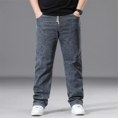 8XL Plus Size Jeans Men Solid Color Denim Pants Male Fashion Casual Baggy Jeans Elastic Waist Straight Pants