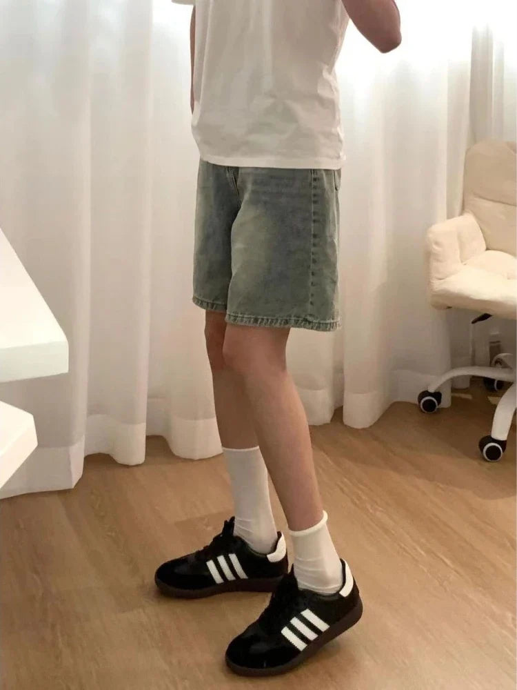 2026 New American Vintage Straight Denim Shorts Woman Summer High-Waisted Solid Jeans Women's Short Pants