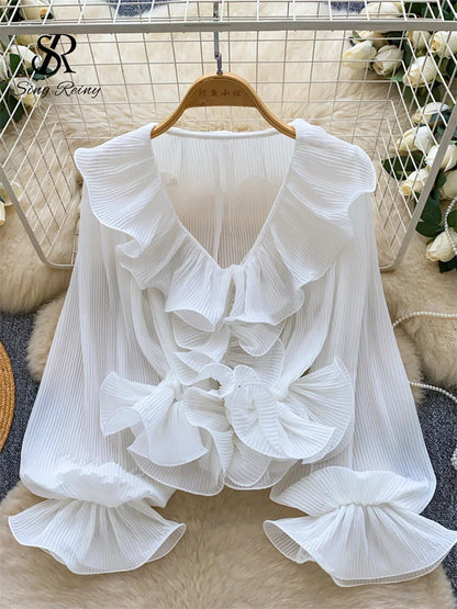 Ruffles Pleated Romantic Tops Thin Spring Summer V Neck French Elegant Blouse Fairycore Flowy Office Lady Luxury Shirt