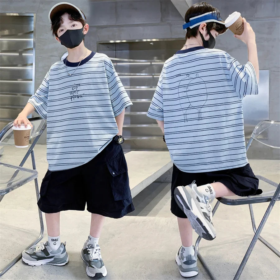 2026 Kids Top and Bottom Clothes Summer Set For Tweens Boys Casual Striped Tracksuit Outfit Children Cargo Clothing 2PCS Suit
