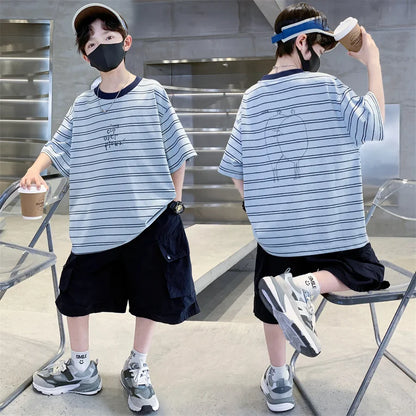 2026 Kids Top and Bottom Clothes Summer Set For Tweens Boys Casual Striped Tracksuit Outfit Children Cargo Clothing 2PCS Suit