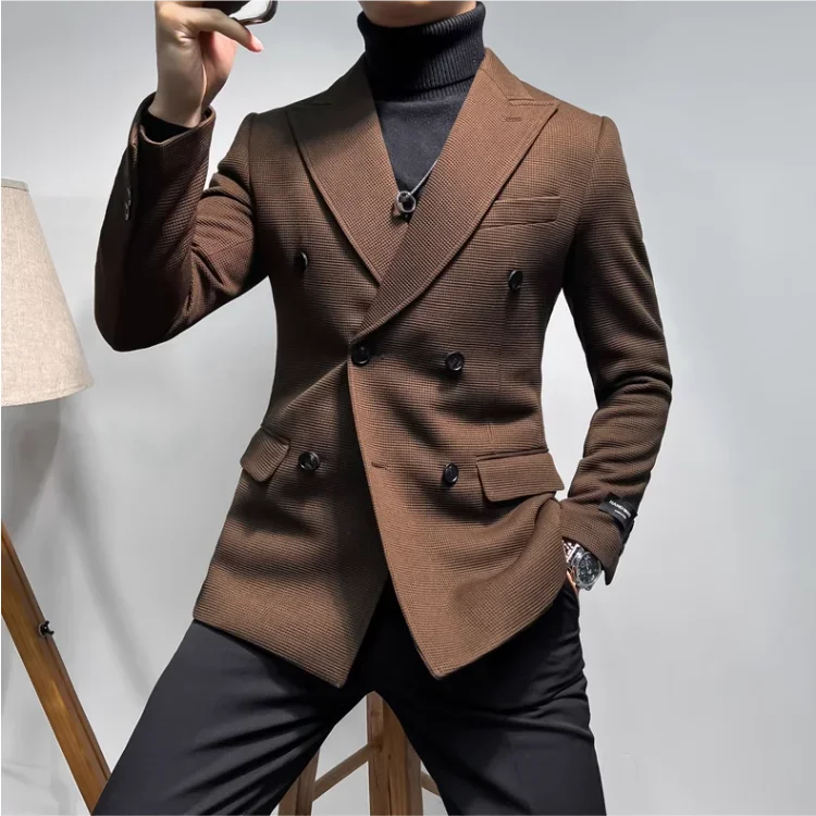 2025 Spring New Men's Waffle Double Breasted Suit Jacket High Quality Business Slim Fit Blazers Groom Social Party Dress Coats