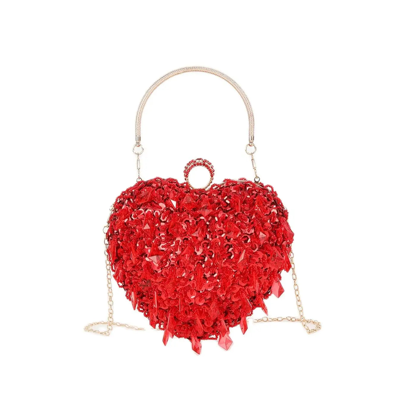 mini Hand-beaded sequin hand crossbody evening bag with red heart shape knucklebox bag for party，wedding and dinner