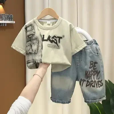 Korean Baby Boys Summer Sets Children's Clothing Short-Sleeved Letter T-Shirt & Denim Shorts Kids Boys Outfits Clothes 2-11Y