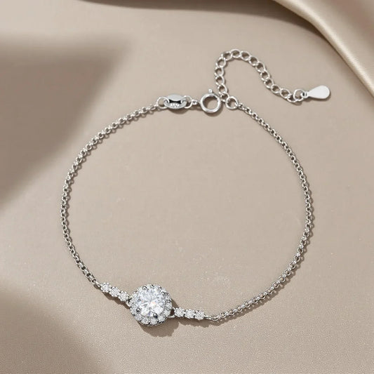 Bracelet à maillons en diamant Moissanite de forme ronde 0,5/1 carat couleur D pour femme, chaîne réglable en argent 925 plaqué or 18 carats