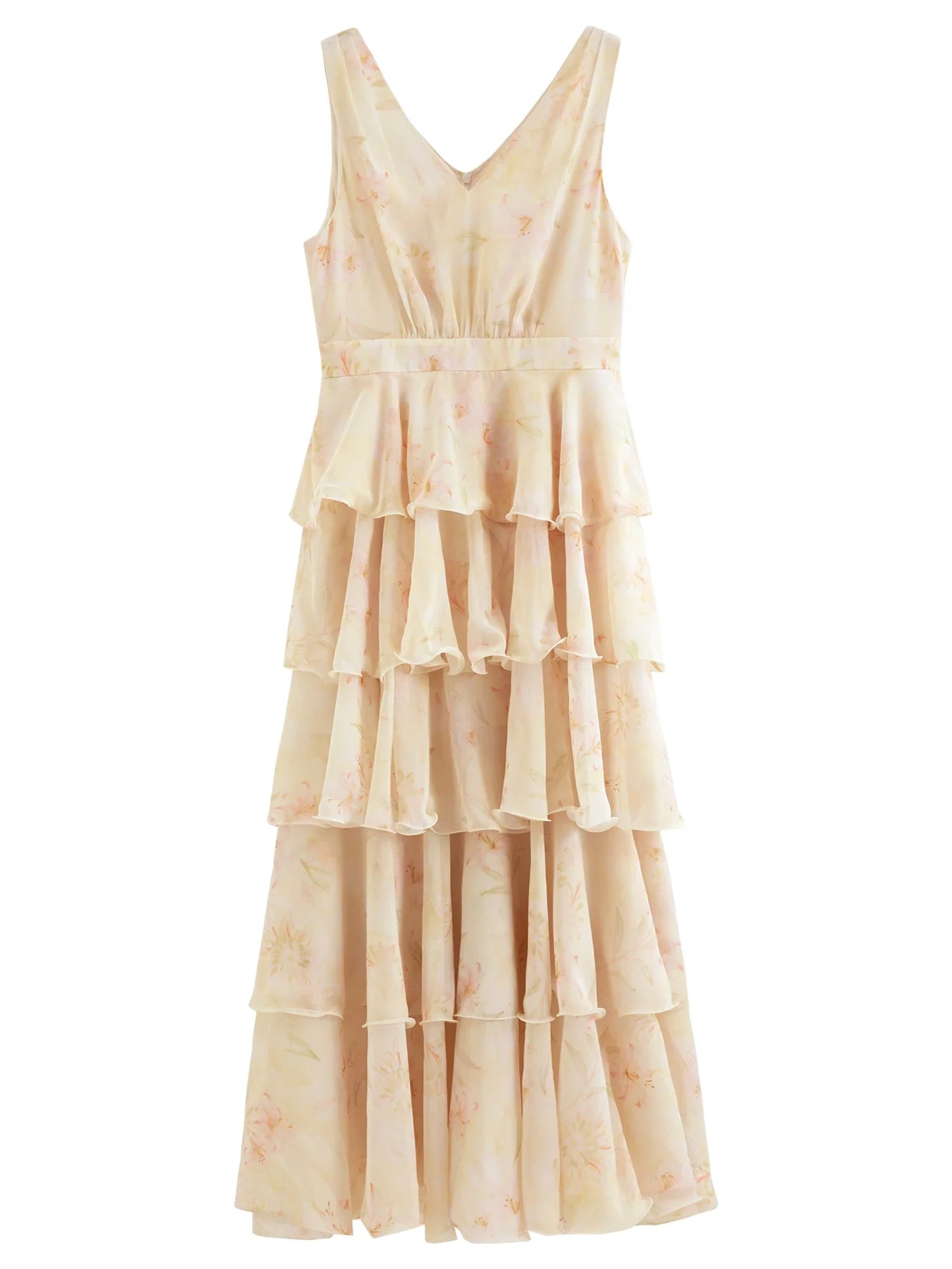 2026 Summer French-Inspired Floral Ruffle Hem Sleeveless V-Neck Tiered Maxi Dress - Romantic for Vacation and Daily Wear