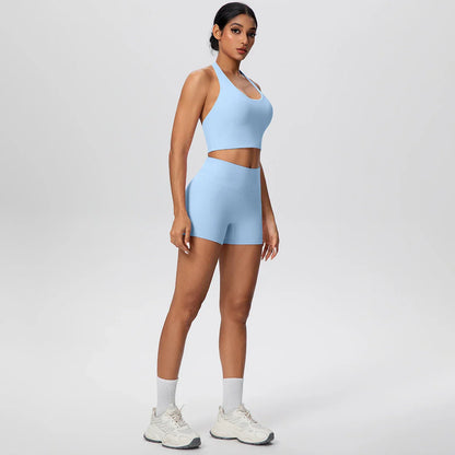 2picese Women Yoga Suit Solid Color High Waist Hip Push Up Fitness Shorts Sexy Pilates Backless Gym Hanging Neck Bra Yoga Set