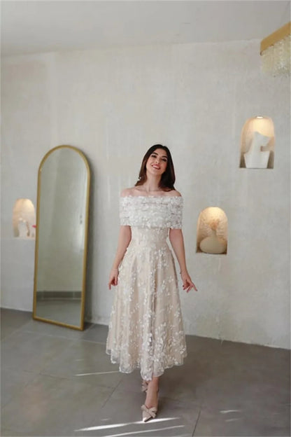 Champagn Tulle Evening dresses Off the Shoulder A-line Vestidos De Fiesta Elegant Long Sleeves Ankle-length  فساتين سهرة