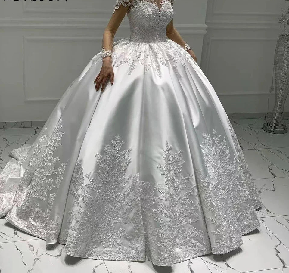 Customized Satin Ball Gown Long Sleeves Wedding Dress 2026 Princess Lace Appliques Pearl Beaded Bride Gown Vestido De Novia