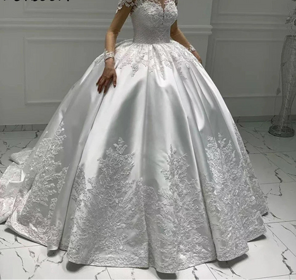 Customized Satin Ball Gown Long Sleeves Wedding Dress 2026 Princess Lace Appliques Pearl Beaded Bride Gown Vestido De Novia