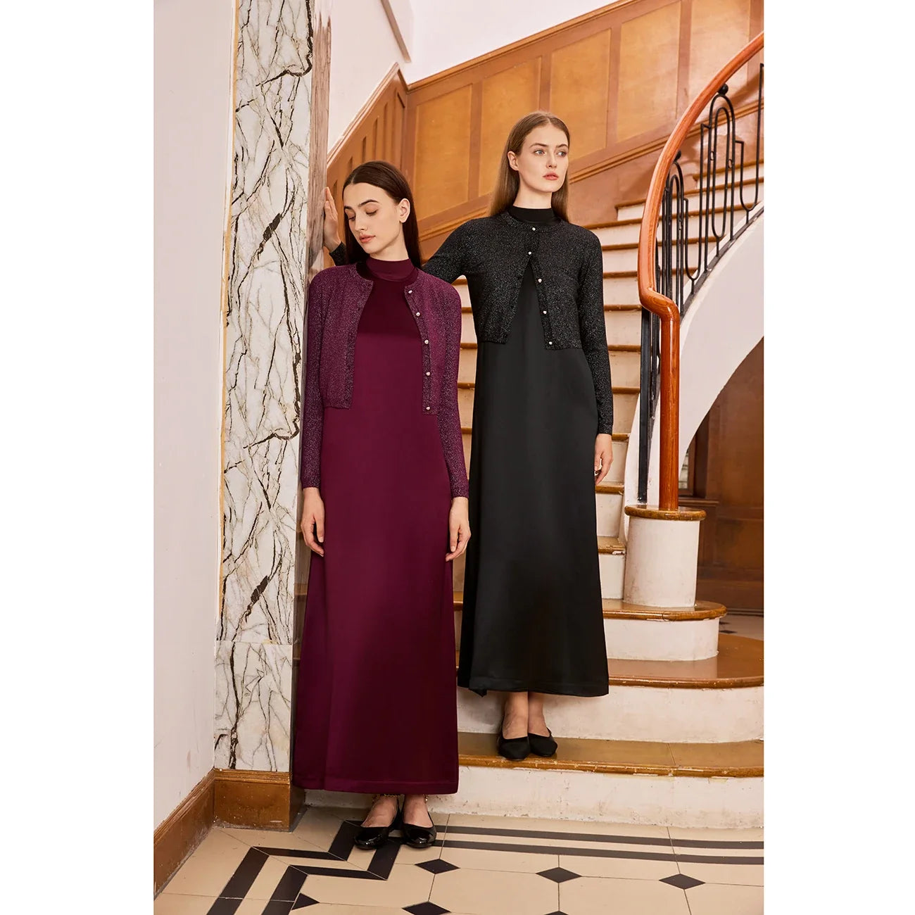 AP Women 2026 Autumn and Winter Modal Shirt and O Neck Acetate Satin Maxi Dress Lurex Cardigan High Quality Lady Clothing