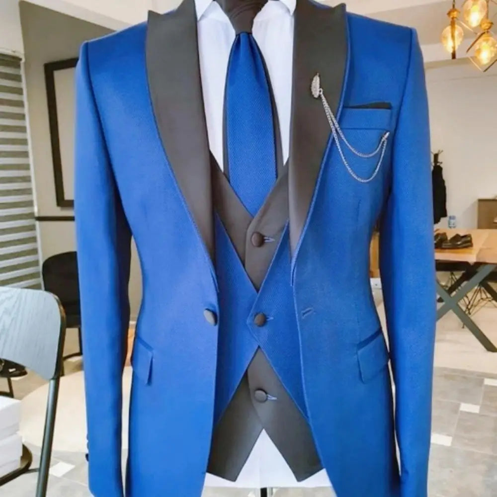Men's Solid Slim Fit 3-Piece Business Suit Set with Blazer Vest And Pants for Wedding Party Luxury Fashion Tuxedo