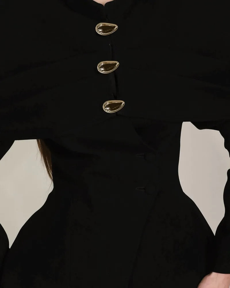 Black Elegant Blazer For Women 2025 Autumn Fashion Gold Buttons Patchwork Jacket Coat Party Vintage Commuter Suit Jacket