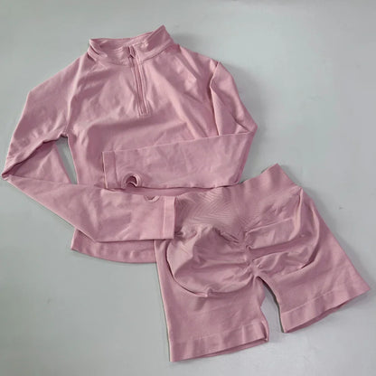 No Logo 2pcs Long Sleeve Yoga Set Women Half Zippy Jacket Longline Sports Top Gym Shorts Fitness Suits Running Coats Workout Set