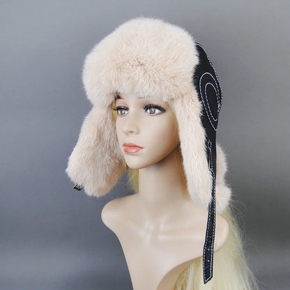 Hot Sale Winter Women's 100% Real Rabbit Fur Bomber Hat Ushanka Cap Trapper Russian Woman Ski Hats Caps Real Sheepskin Leather