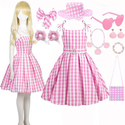 Halloween Hot Movie Barbei Baby Girl Pink Cowboy Look Dress Summer Beach Stripe Cute Sleeveless Plaid Slim Strap Dress Set
