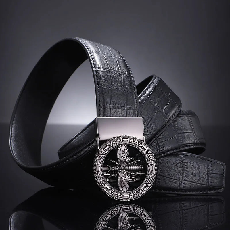High-End Men's Casual Leather Belt; Small Bee Automatic Buckle Belt; Business Versatile Bamboo Texture Belt.